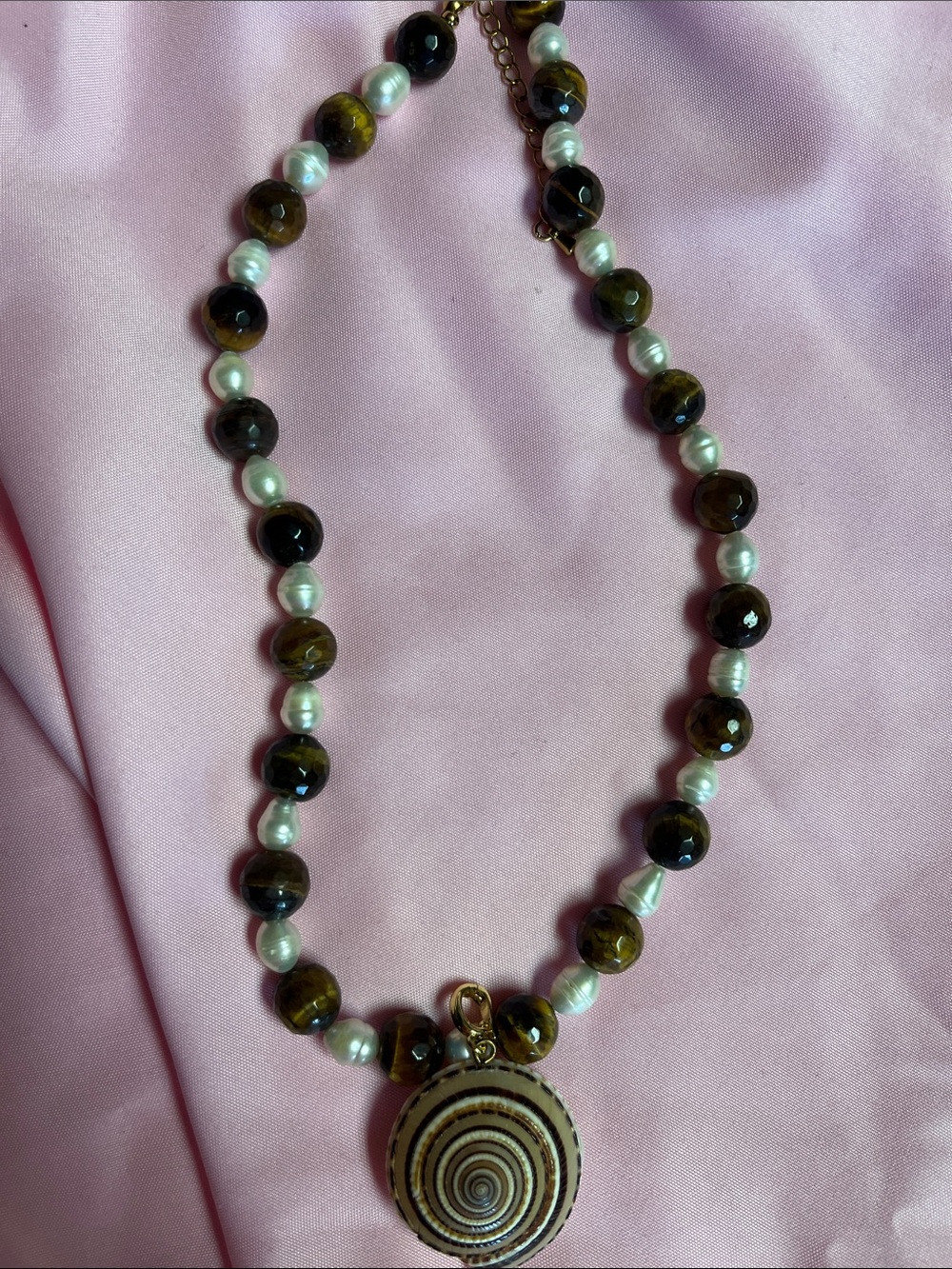 Handcrafted Brown & White Beaded Shell Pendant Necklace tiger eye wear with char